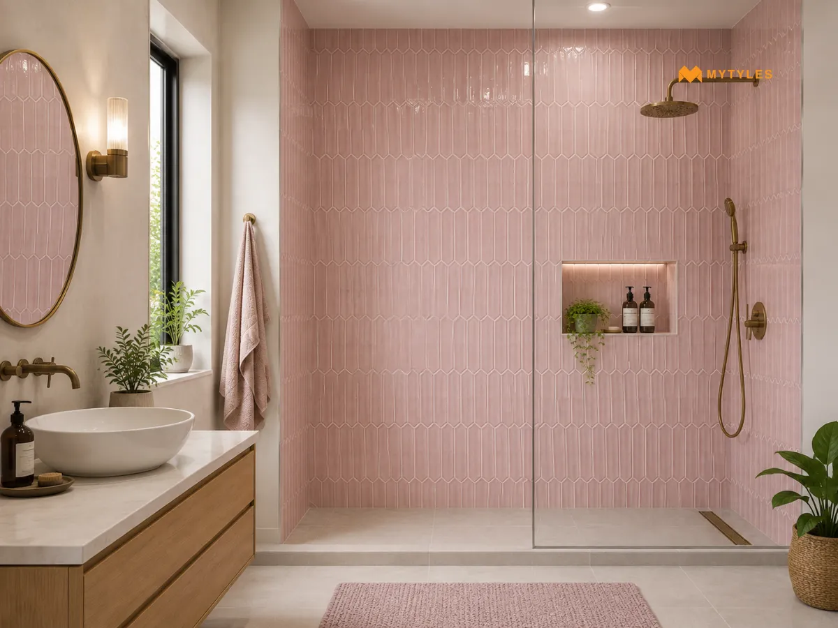 Floor-to-Ceiling Vertical Picket Tile Shower Wall